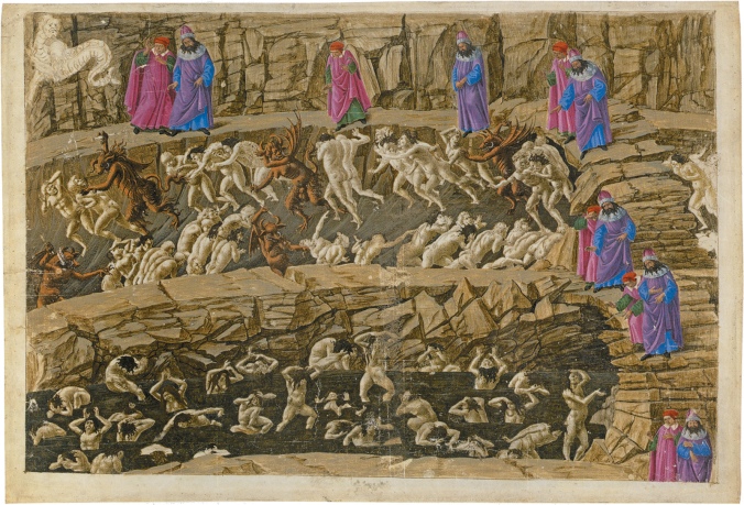 ‘Inferno XVIII’; Virgil and Dante in the eighth circle of Hell, showing the punishment of panderers, seducers, flatterers, and whores; illustration by Sandro Botticelli, circa 1490